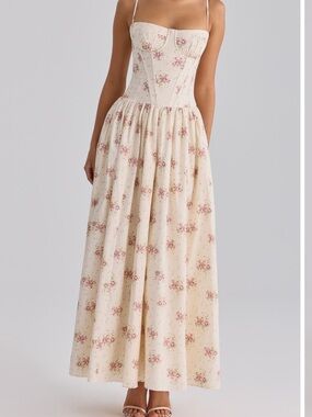 NWT House of CB Cream Maxi Dress with Pink Floral Print